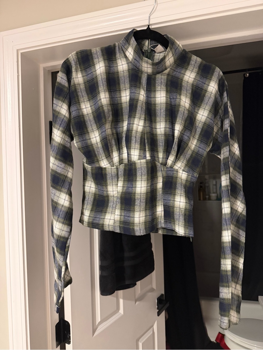 Muse Navy, White & Olive Plaid Peplum Long-Sleeve Top